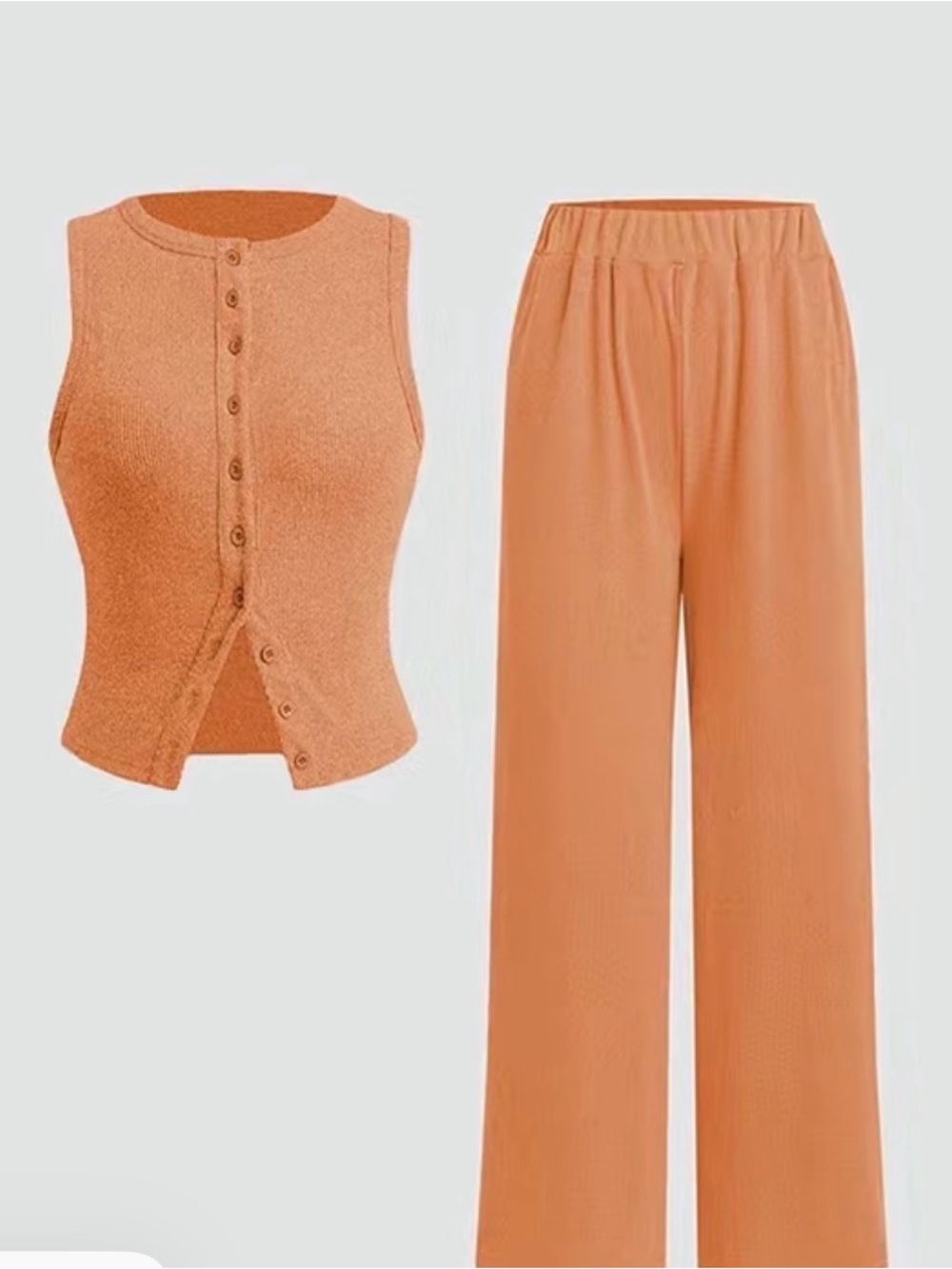 Sleeveless Button Knit Top & Wide-Leg Pants Set - Rust Orange